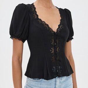 Reformation Minette Lace Button Up Front Puff Sleeve Top
